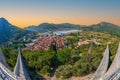 Aerial view from the medieval fortifications over the small town of Ston and the historic salt pans. Dubrovnik area, Croatia Royalty Free Stock Photo