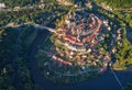 Aerial view of medieval Loket city with Castle, Burg Elbogen, gothic style castle on rocky cliff above river Ohre. Royalty Free Stock Photo