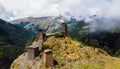 Aerial view of medieval monastery old ruins in Caucasus mountains Royalty Free Stock Photo