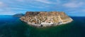 Aerial view of medieval town of Monemvasia located on small island in Lakonia of Peloponnese, Greece