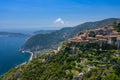 Aerial view of medieval village of Eze, on the Mediterranean coastline landscape and mountains, French Riviera coast, Cote d`Azur Royalty Free Stock Photo