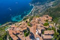 Aerial view of medieval village of Eze, on the Mediterranean coastline landscape and mountains, French Riviera coast, Cote d`Azur Royalty Free Stock Photo