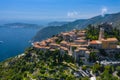 Aerial view of medieval village of Eze, on the Mediterranean coastline landscape and mountains, French Riviera coast, Cote d`Azur