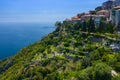 Aerial view of medieval village of Eze, on the Mediterranean coastline landscape and mountains, French Riviera coast, Cote d`Azur Royalty Free Stock Photo