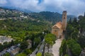 Aerial view of medieval village of Eze, on the Mediterranean coastline landscape and mountains, French Riviera coast, Cote d`Azur Royalty Free Stock Photo