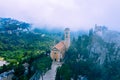 Aerial view of medieval village of Eze, on the Mediterranean coastline landscape and mountains, French Riviera coast, Cote d`Azur Royalty Free Stock Photo