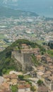 Aerial view of the medieval walls and castle of Tenno overlooking Riva del Garda. Trentino, Italy Royalty Free Stock Photo