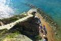 Aerial view Mediterranean beach sunbathers Corfu Greece