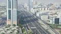 Aerial view of a megapolis with skyscrapers and multi lane road with heavy traffic. Stock. Beautiful landscape of a Royalty Free Stock Photo