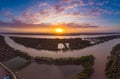 Aerial view Mekong River Delta region, Ben Tre, South Vietnam. Water channels and tropical fluvial islands dramatic sky at sunset Royalty Free Stock Photo