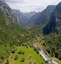 Aerial view of the Mello Valley, a valley surrounded by granite mountains and forest trees, renamed the little italian Yosemite Royalty Free Stock Photo