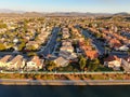 Aerial view of Menifee Lake and neighborhood, residential subdivision vila during sunset.