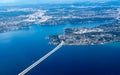 Aerial view of the Mercer Island, Homer Hadley Memorial Bridge and Lacey Murrow bridge Seattle USA