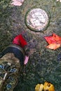 USGS Benchmark and hikers boot with autumn leaves Royalty Free Stock Photo