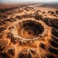 Aerial view of a meteorite crater or caldera with concentric rings of erosion in a rocky desert similar to the Eye of the Sahara,