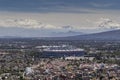 Aerial view of mexico city football stadium azteca and volcanoes