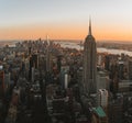 Aerial view of Midtown and lower Manhattan New York City Downtown. Soft morning light sunrise. Financial distict United Royalty Free Stock Photo