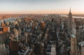 Aerial view of Midtown and lower Manhattan New York City Downtown. Soft morning light sunrise. Financial distict United Royalty Free Stock Photo