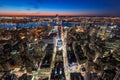 Aerial view of Midtown West Manhattan with new Hudson Yards skyscrapers under contruction at twilight. Manhattan, New York City