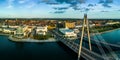 Aerial view of the Millennium Bridge and Hotel in the evening sun