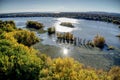 Aerial view of the Milles Iles river in Laval, Quebec at sunset with colorful trees in Autumn Royalty Free Stock Photo