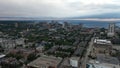 Aerial view of the Milwaukee skyline from the north side of the city, Michigan lake shoreline. Cloudy morning, summertime Royalty Free Stock Photo