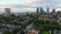 Aerial view of the Milwaukee skyline from the north side of the city, Michigan lake shoreline. Cloudy morning, summertime Royalty Free Stock Photo