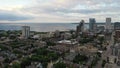 Aerial view of the Milwaukee skyline from the north side of the city, Michigan lake shoreline. Cloudy morning, summertime Royalty Free Stock Photo