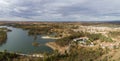 Aerial view of Mina de Sao Domingos, Tapada Grande River Beach lagoon, Alentejo, Portugal