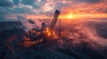 Aerial view of a mining operation with an orange sunset in the background Royalty Free Stock Photo