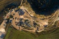 Aerial view of mining quarry, crushing machinery for crushed stone and gravel