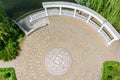 Aerial view of Minsk botanical garden. small island with colonnade and colorful floor mosaic