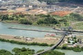 Aerial view of Miraflores locks and the construction of a wider