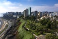 Aerial view of Miraflores park and Larcomar, drone shot of Lima`s cityscape