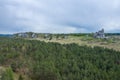 Aerial view of Mirow Castle, Eagles Nests trail. Medieval fortress in the Jura region near Czestochowa. Silesian Voivodeship.