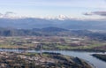 Aerial View of Mission City, Fraser River and Mnt Baker in background.