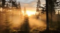 Romantic Atmosphere: Sun Rising Over Norwegian Forest With Fog