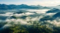 Aerial view of misty jungle surrounded by mountains Royalty Free Stock Photo