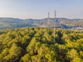 Aerial view of mobile phone antenna station tower in Swiss alps. Wireless communication in mountain area Royalty Free Stock Photo