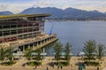 Aerial view of modern architecture at Burrard Landing, Convention Center and harbor with mountains in Vancouver, Canada Royalty Free Stock Photo