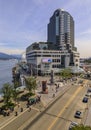 Aerial view of modern architecture at Canada Place, Convention Center and the harbor with mountains in Vancouver, Canada Royalty Free Stock Photo