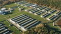 Aerial View Modern chicken farm, barns, Sheds. Bird's-eye View In Sunny Rural Landscape 4K