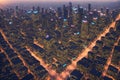 Aerial view of modern city at night, skyscrapers and street lights. Generative AI