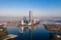 Aerial view of the modern city skyline with bridge and lake, and blue sky, in Xinglin Bay, Jimei District, Xiamen, China