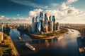 Aerial view of modern city with skyscrapers and river. Aerial view of Moscow City with Moscow River, Russia, AI Generated Royalty Free Stock Photo