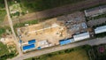 Aerial view of modern grain elevator. Wheat storage building, building in progress. Silo farm. Agribusiness development