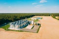 Aerial View Modern Granary, Grain-drying Complex, Commercial Grain Or Seed Silos In Sunny Spring Rural Landscape. Corn Royalty Free Stock Photo