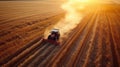 Aerial view of modern industrial combine harvesting wheat cereals on a summer evening. Grain harvester in an endless Royalty Free Stock Photo