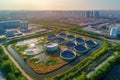 Aerial view of modern industrial sewage treatment plant at sunset illustration generative ai Royalty Free Stock Photo