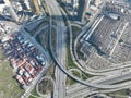 Aerial View Modern Multilevel Motorway Junction with Toll Highway, Road traffic an important infrastructure Royalty Free Stock Photo